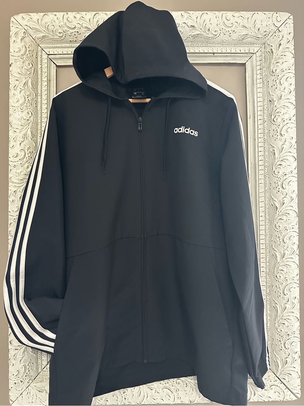 adidas Black Hooded Performance Jacket with White Stripes